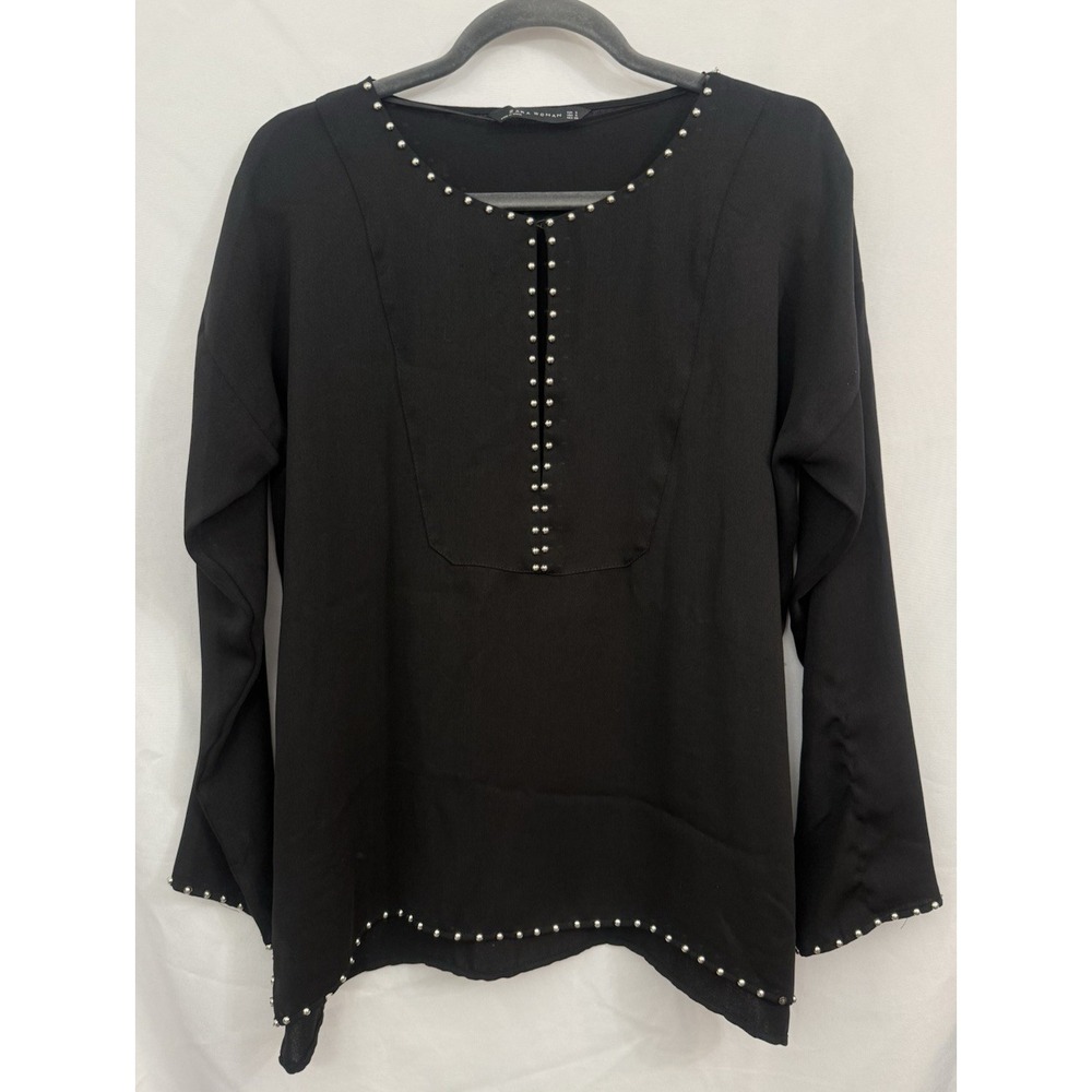 ZARA Woman Black‎ Studded 3/4 Sleeve Tunic Top Womens Size S
